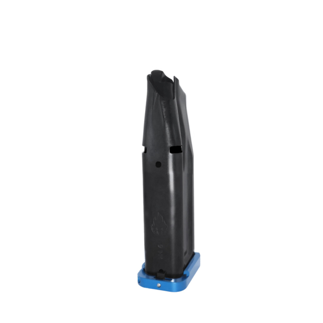 16 Round 9MM Premium Magazine with Alphalock Basepad (Lockback, 120mm, Blue, DLC)